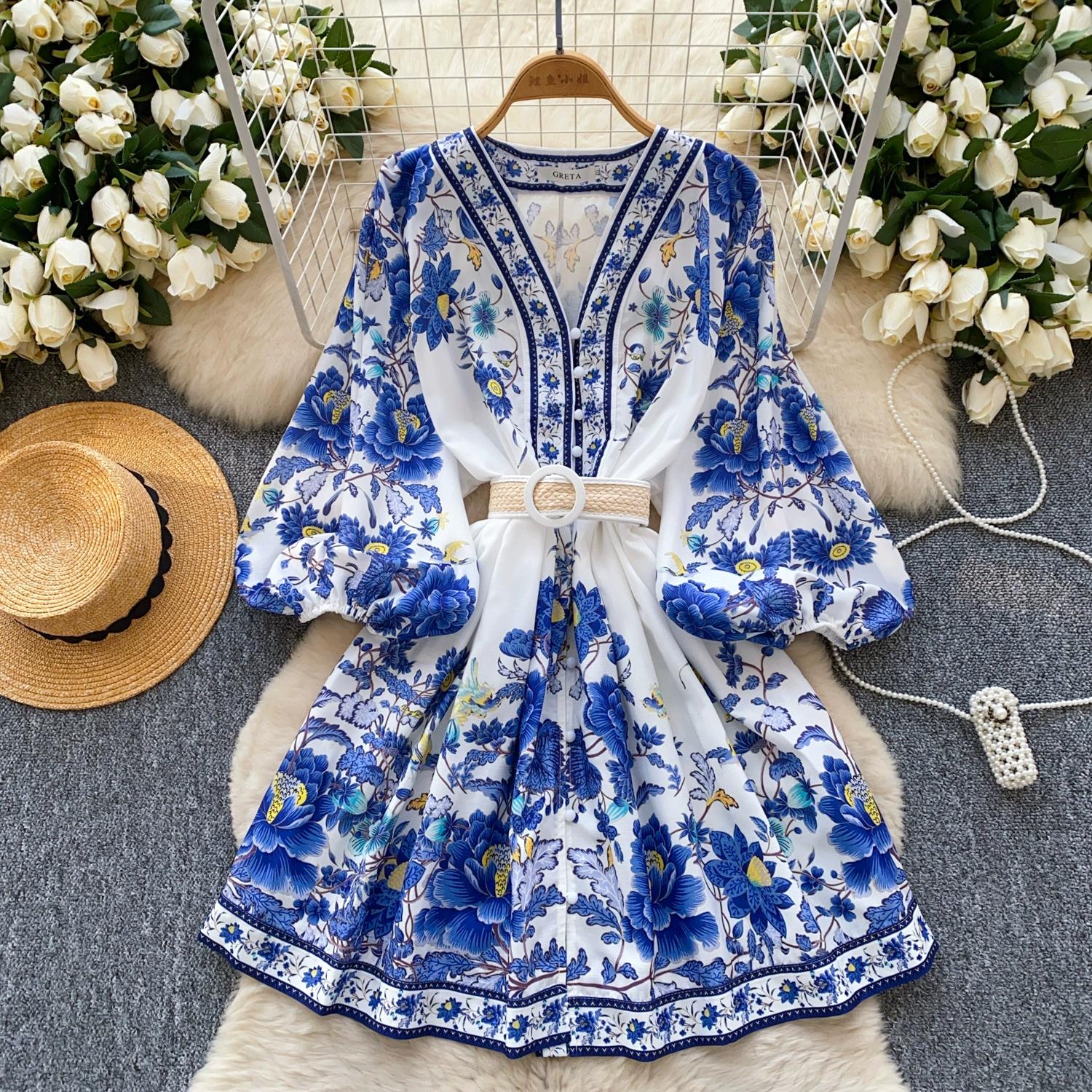 Весна-лето Женские однобортные мини-короткие платья с V-образным вырезом и поясом для праздничных вечеринок S синий