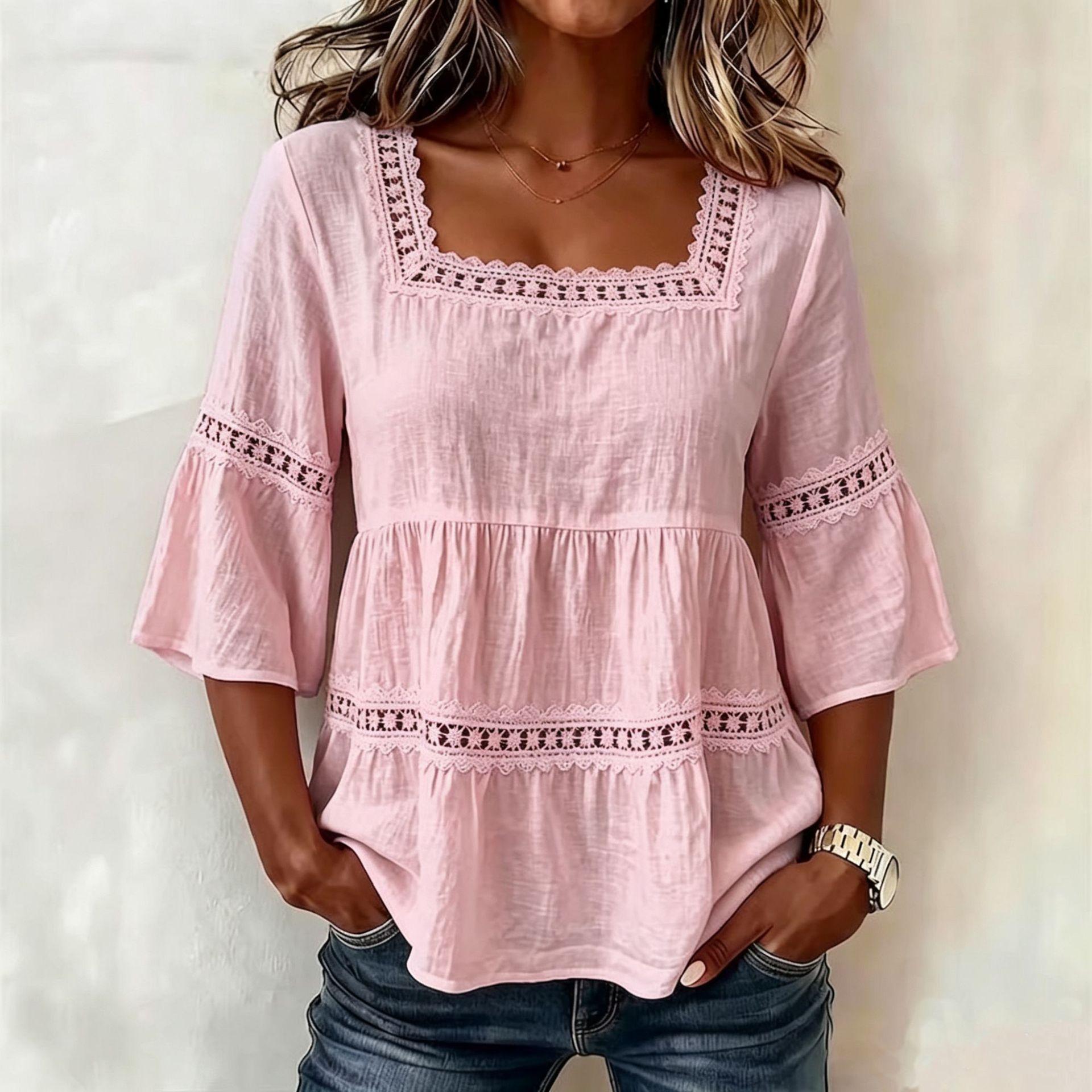 Women Square Neck Lace Trim Bell Sleeve Top Casual Tiered Smocked Solid Color Blouse XXXL рожевий
Women Square Neck Lace Trim Bell Sleeve Top Casual Tiered Smocked Solid Color Blouse XXXL рожевий