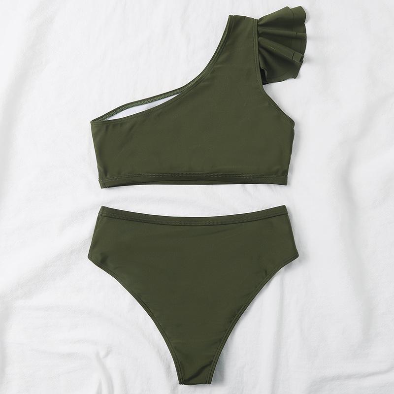 Buy New Bikini Set Fashion One Shoulder Cutout Ruffle Solid Color