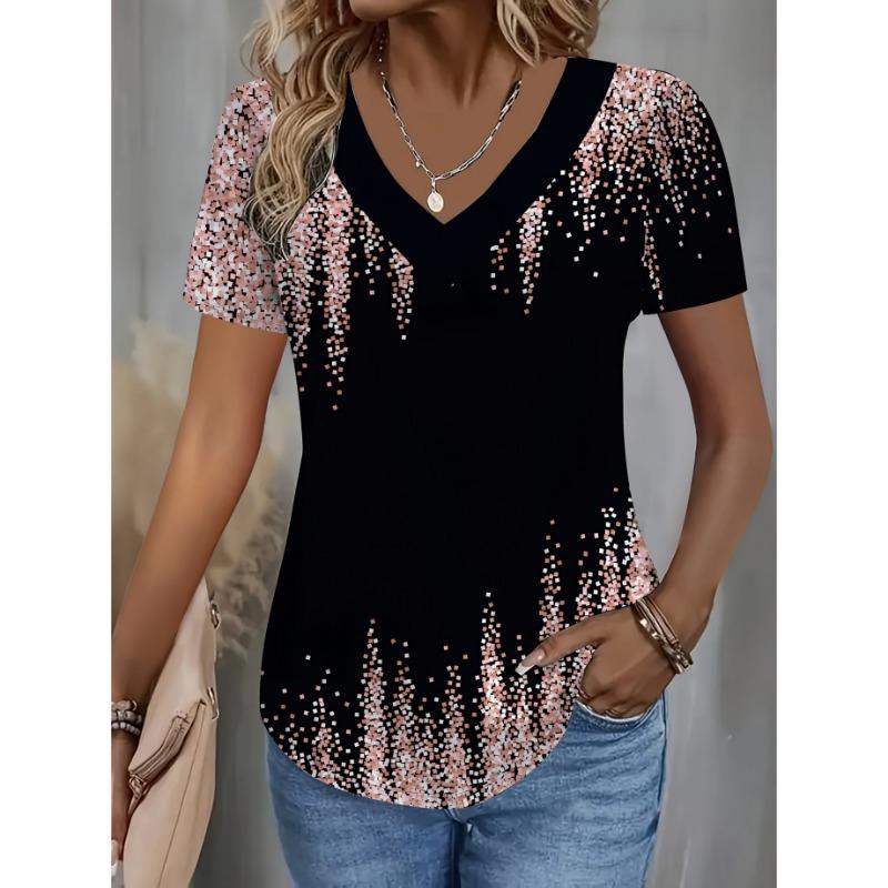 Stylish Women S Short-Sleeve T-Shirt Featuring a V-Neck And Geometric Patterns in Black And Pink S
Stylish Women S Short-Sleeve T-Shirt Featuring a V-Neck And Geometric Patterns in Black And Pink S