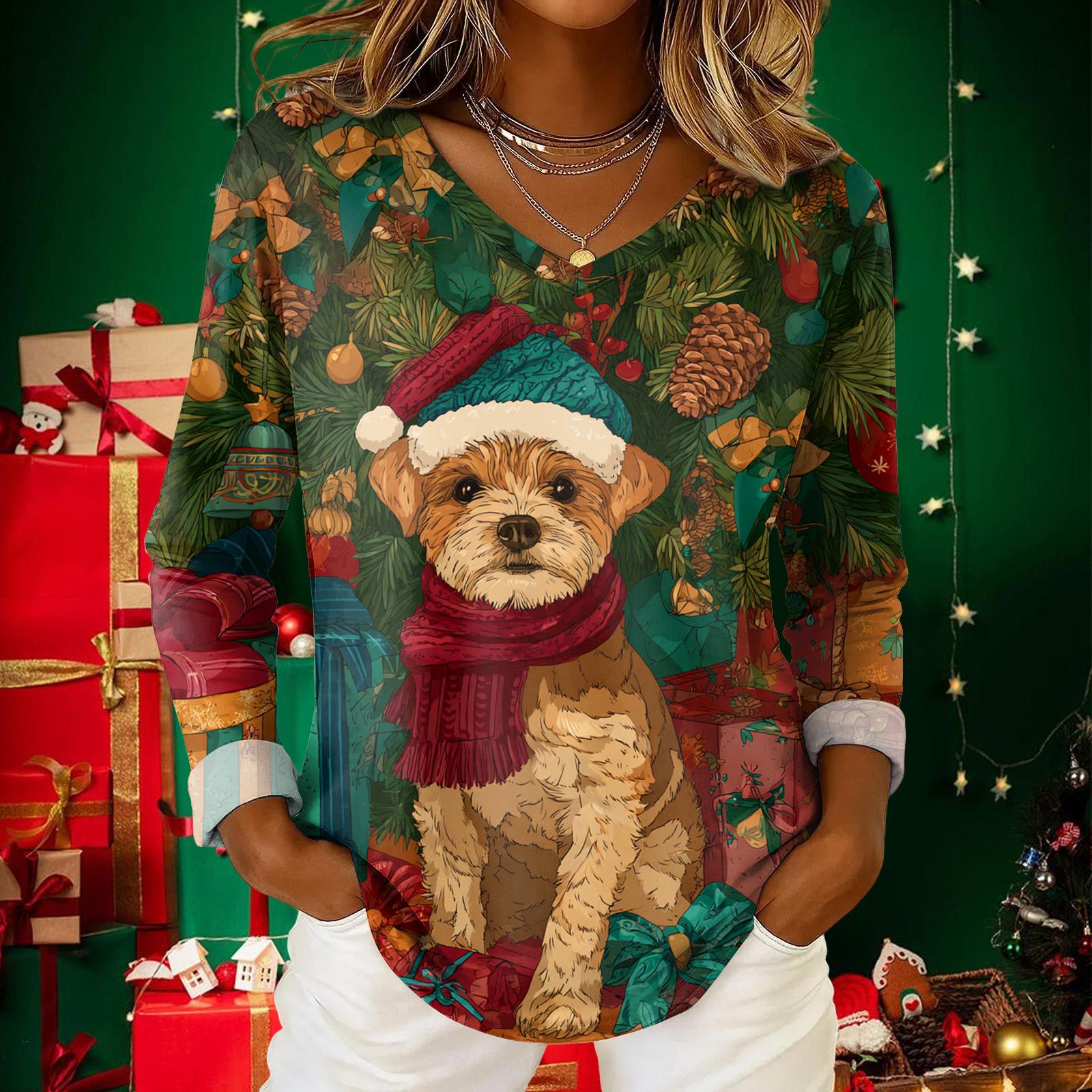 Женский повседневный топ с V-образным вырезом и длинными рукавами с рождественским принтом S
Женский повседневный топ с V-образным вырезом и длинными рукавами с рождественским принтом S