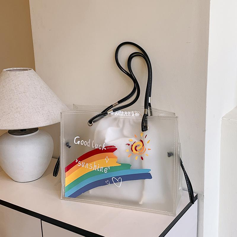 Радужная прозрачная сумка-тоут для мамы и ребенка, летняя сумка большой вместимости, новая универсальная повседневная сумка через плечо чёрный