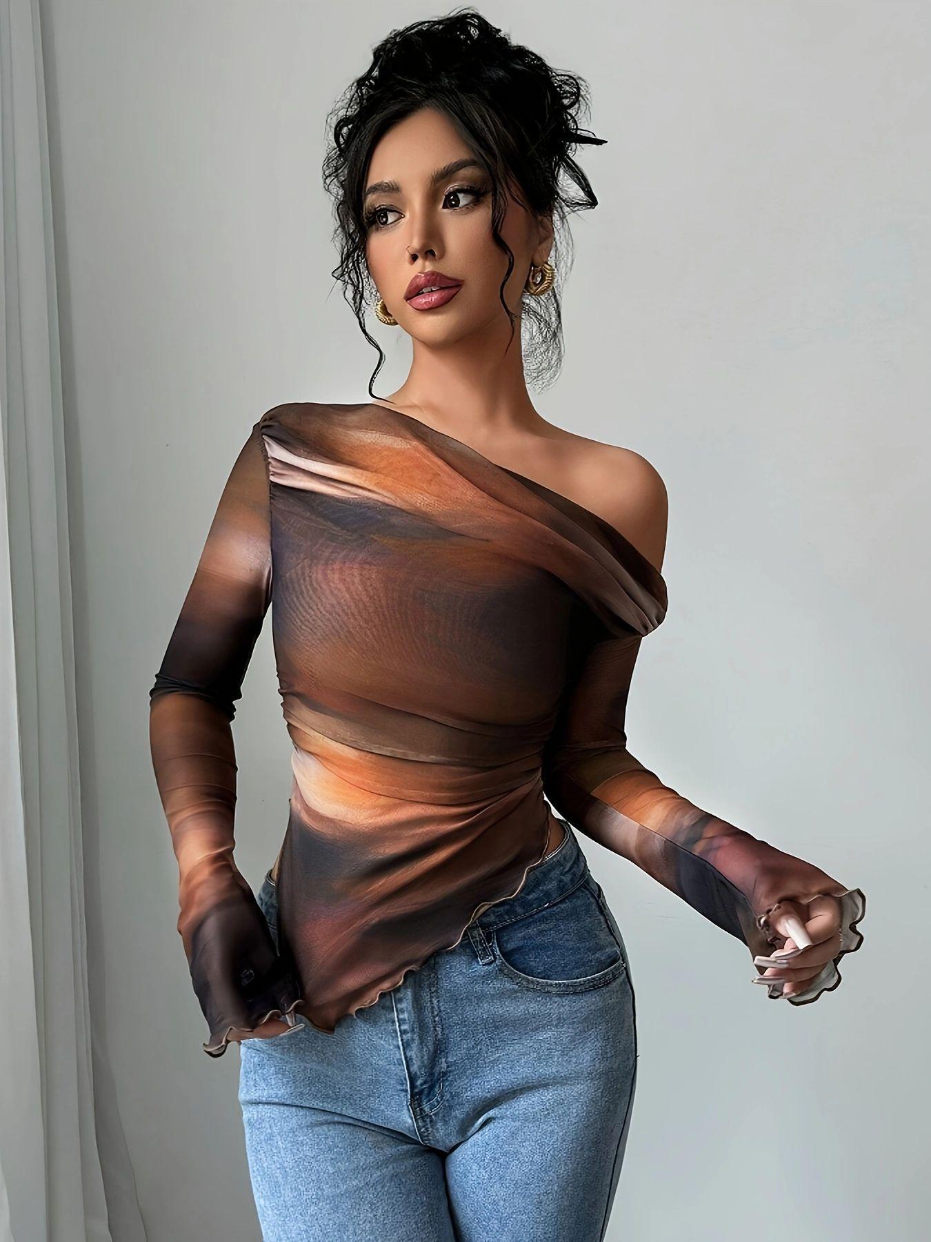 Brown Mesh One-Shoulder Ruffle Blouse with Gradient Color and Wave Sleeve XS коричневый
Brown Mesh One-Shoulder Ruffle Blouse with Gradient Color and Wave Sleeve XS коричневый