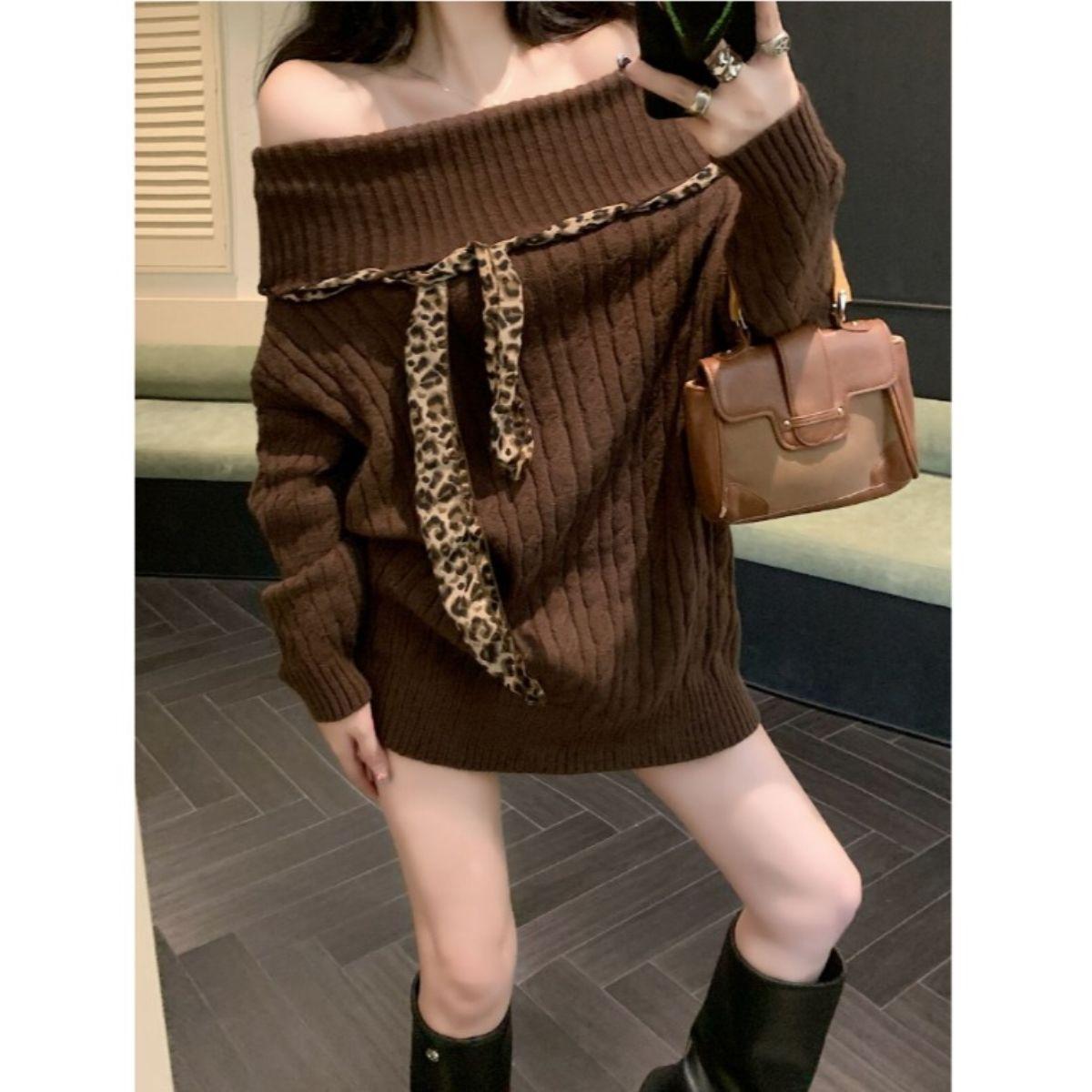 Korean version wear autumn winter leopard print tie off shoulder neck long sleeved sweater women s Fried top medium length One Size темно-коричневого кольору
Korean version wear autumn winter leopard print tie off shoulder neck long sleeved sweater women s Fried top medium length One Size темно-коричневого кольору
