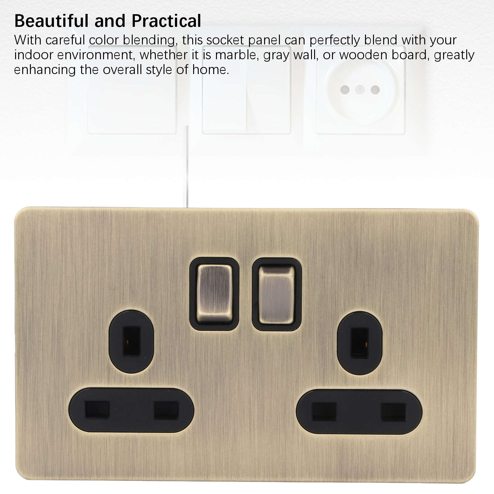 Wall Power Socket 2 Push Switch and Dual AC Outlets Bronze Texture Stainless Steel Panel Electrical Outlet for Indoor Use
Wall Power Socket 2 Push Switch and Dual AC Outlets Bronze Texture Stainless Steel Panel Electrical Outlet for Indoor Use