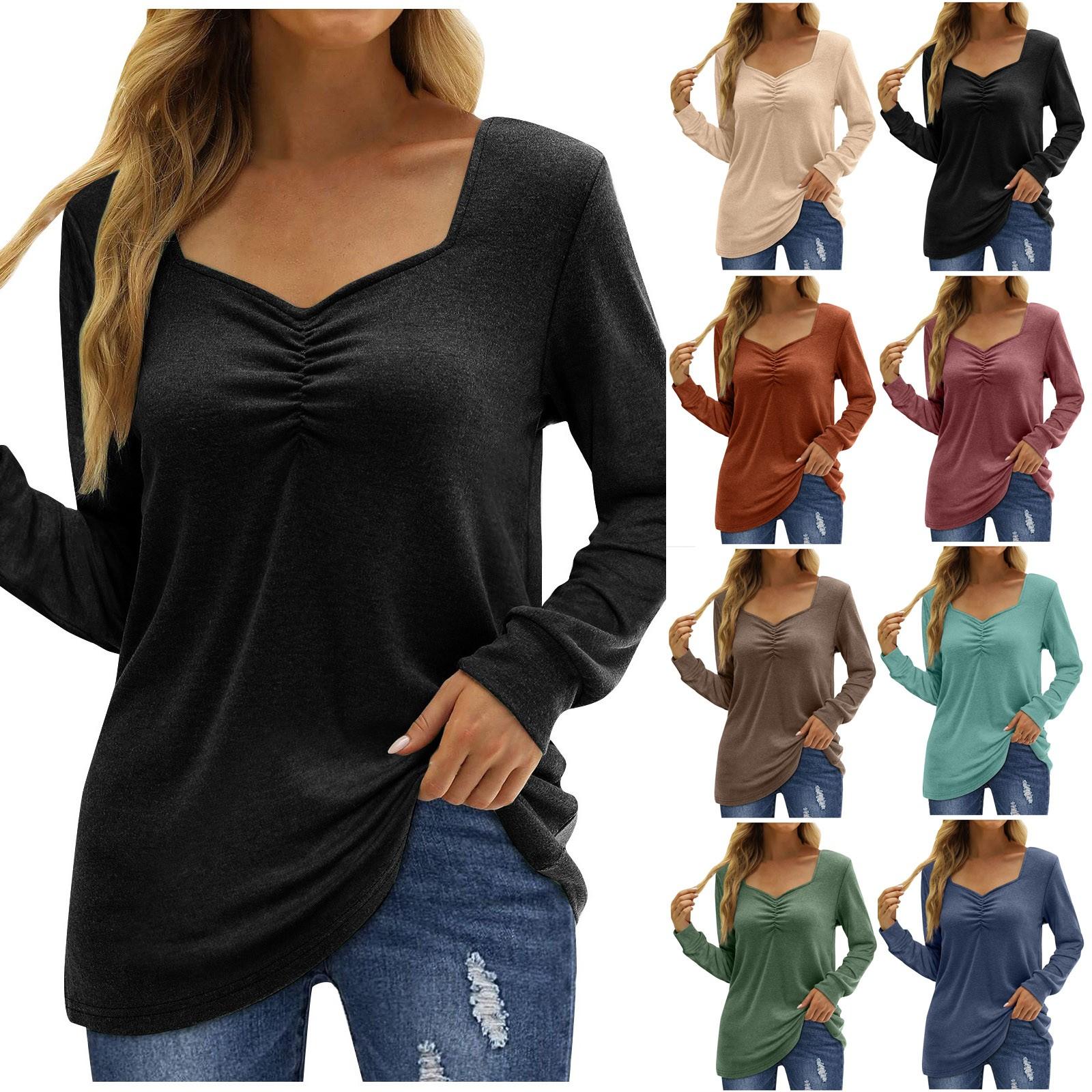 Женская повседневная футболка с v-образным вырезом и длинным рукавом, плиссированная однотонная футболка, нижняя рубашка
Женская повседневная футболка с v-образным вырезом и длинным рукавом, плиссированная однотонная футболка, нижняя рубашка
