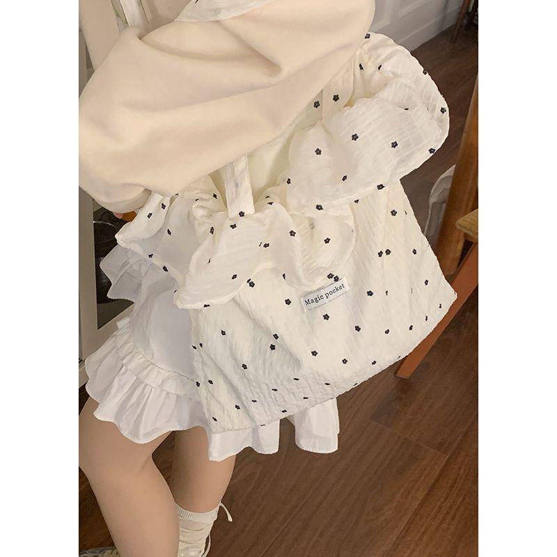 Милая сумка из шифона с принтом «Сладкий лотос», женская сумка 2025, новый поступление, трендовый ленивый стиль, сумка-тоут в горошек, сумка большой вместимости White