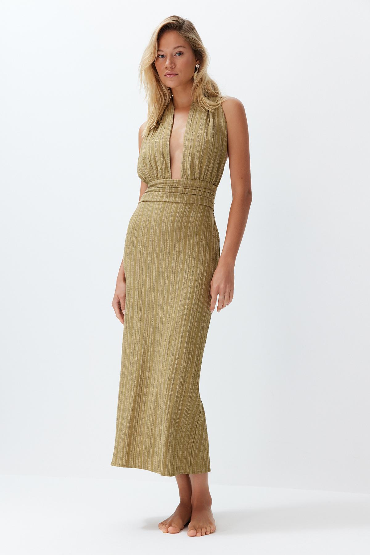 Женское модное пляжное мини-платье цвета хаки макси без рукавов из льняной смеси с открытой спиной