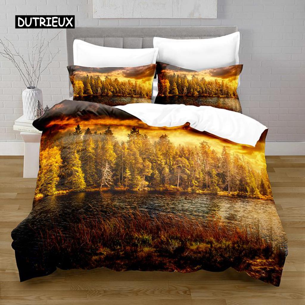 Комплект постельного белья с рисунком «Озеро» из микрофибры, комплект постельного белья с рисунком «Природный пейзаж», узор «Горный красный дом», размер King Size, мягкий, 2/3 шт., пододеяльник EU single(135x200cm)