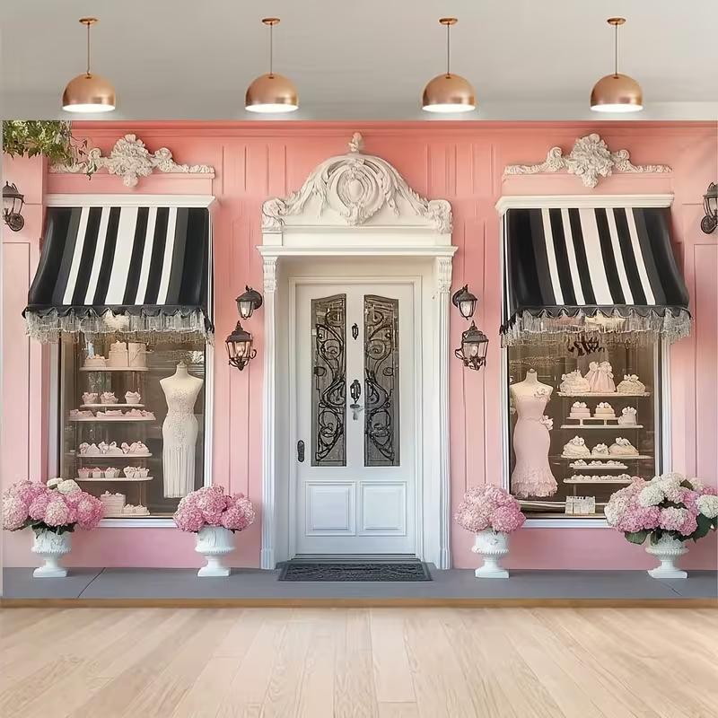 2D Wedding Backdrop, Parisian Patisserie with Pink Storefront, Mannequins and Tiered Cakes 47.2x31.5inch/120*80cm
2D Wedding Backdrop, Parisian Patisserie with Pink Storefront, Mannequins and Tiered Cakes 47.2x31.5inch/120*80cm