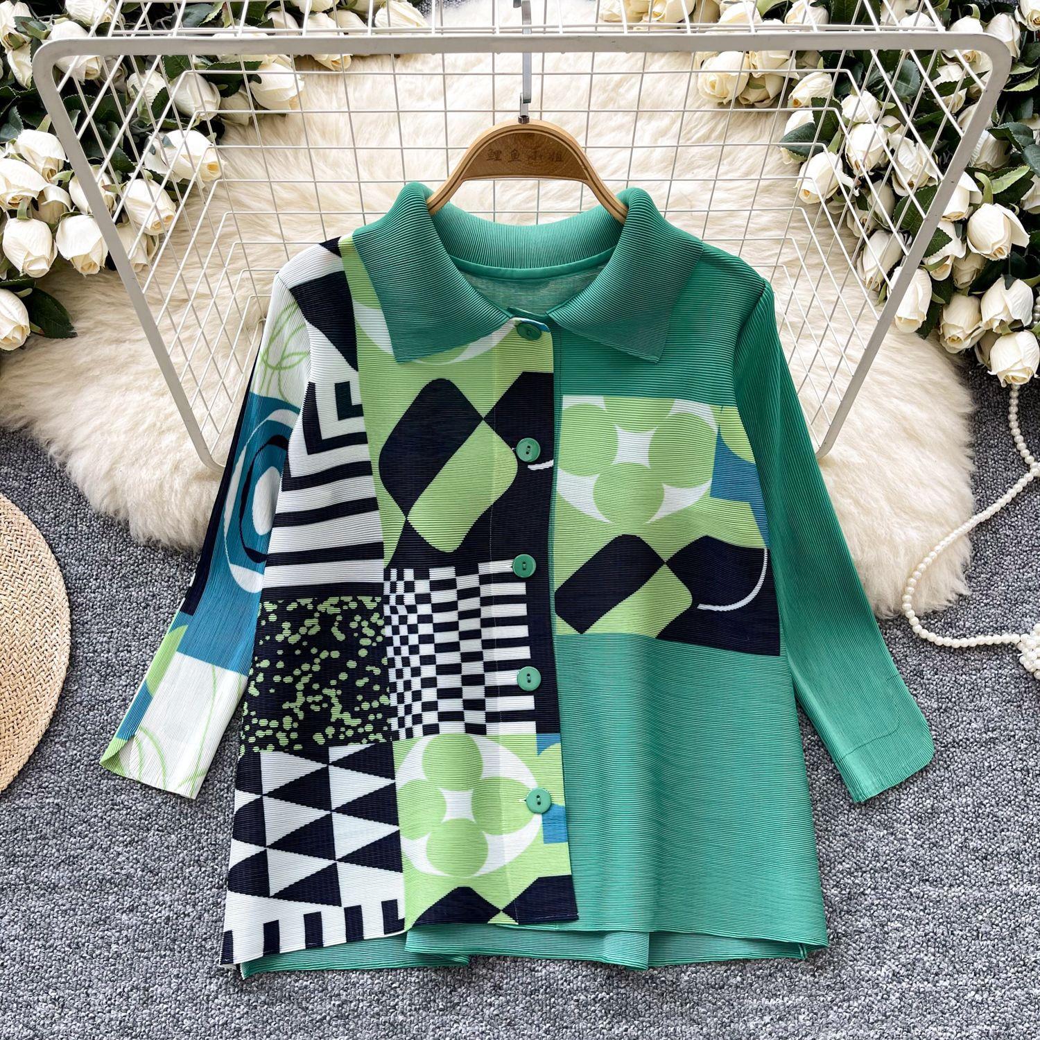 Женская рубашка свободного покроя с модным принтом, осенняя, новая, с ретро-лацканами, однобортная, утягивающая, плиссированная One size зелёный