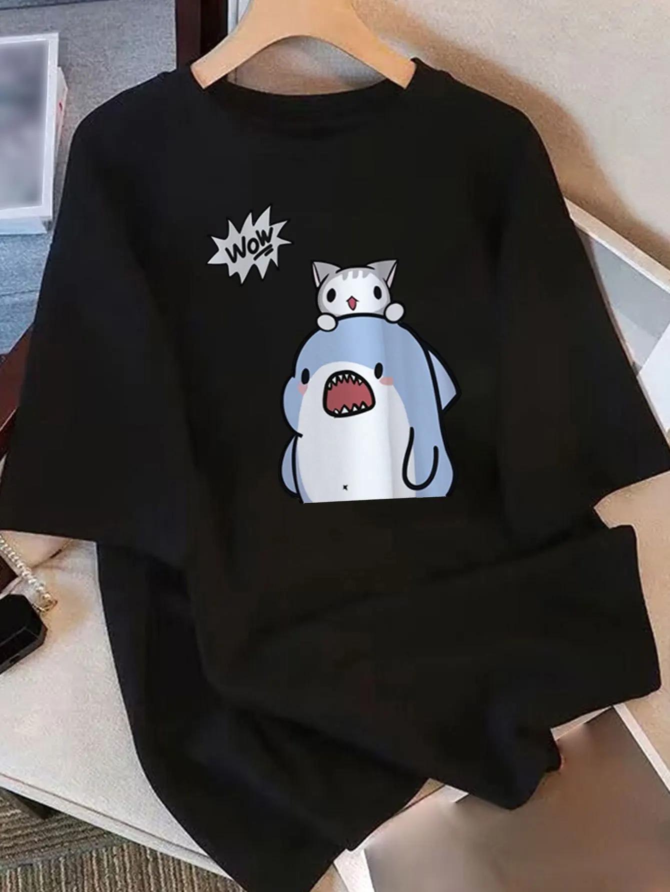 Womens Cute Cartoon Cat Shark Graphic with Playful WOW Text Breathable Round Neck Short Sleeve Tee Harajuku Sleeve Casual S
Womens Cute Cartoon Cat Shark Graphic with Playful WOW Text Breathable Round Neck Short Sleeve Tee Harajuku Sleeve Casual S