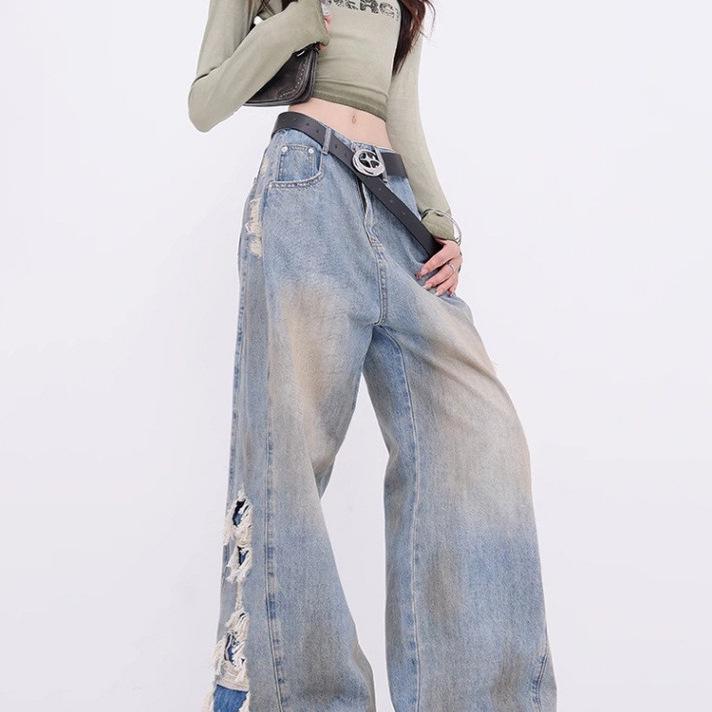 2025 Retro Distressed Patchwork Fringed Wide-Leg Ripped Jeans for Women - Loose, Slimming, Floor-Length Pants S
2025 Retro Distressed Patchwork Fringed Wide-Leg Ripped Jeans for Women - Loose, Slimming, Floor-Length Pants S