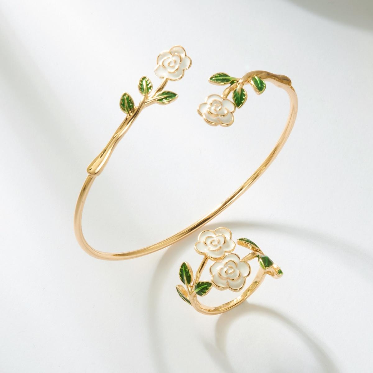 Enamel Camellia Flower Opening Bangle Ring Set For Women Men Elegant Summer Ocean Wedding Party Lovely Rose Floral Zircon Set
Enamel Camellia Flower Opening Bangle Ring Set For Women Men Elegant Summer Ocean Wedding Party Lovely Rose Floral Zircon Set