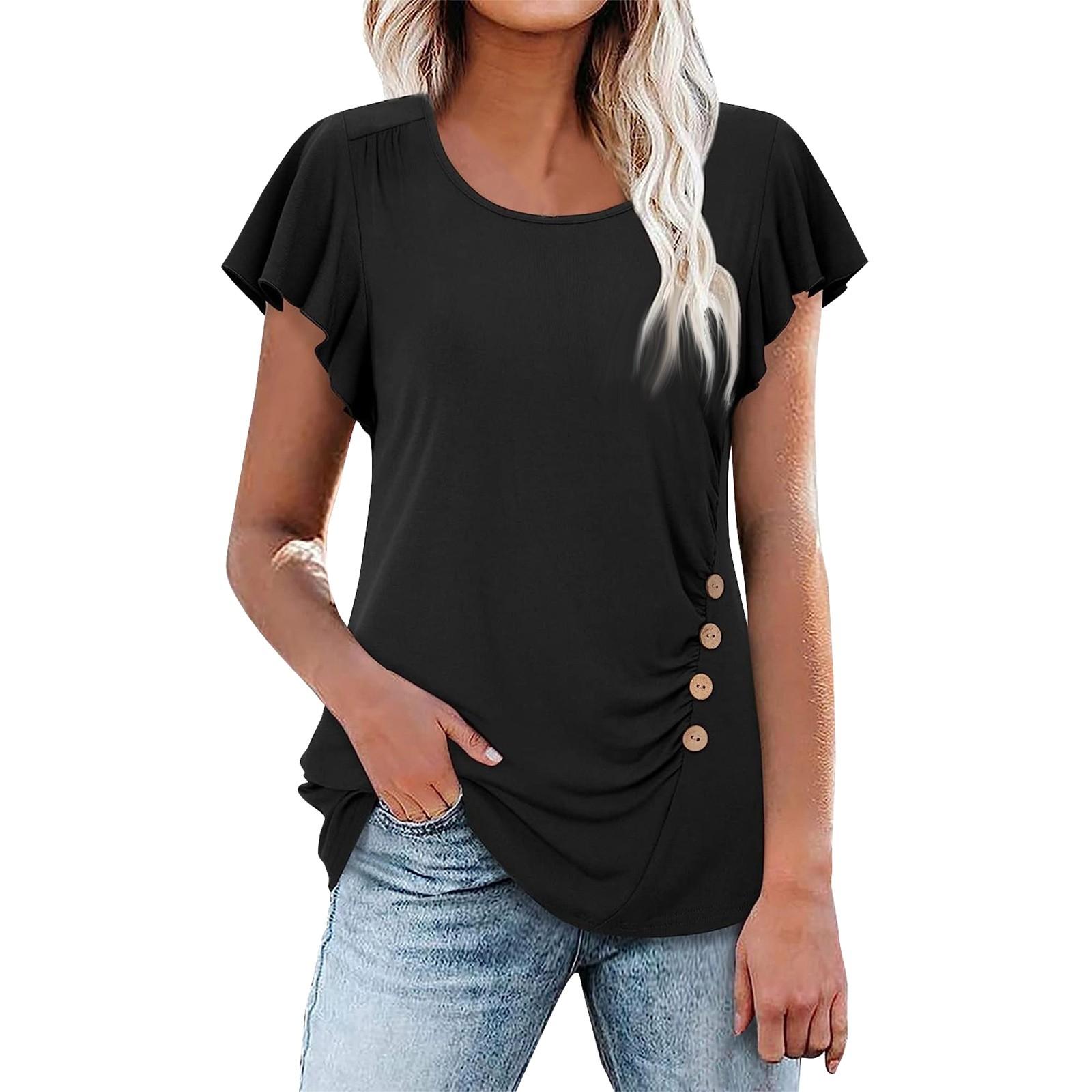Женские однотонные плиссированные топы с короткими рукавами, летние повседневные футболки с круглым вырезом и пуговицами на талии, топы для женщин L чёрный
Женские однотонные плиссированные топы с короткими рукавами, летние повседневные футболки с круглым вырезом и пуговицами на талии, топы для женщин L чёрный