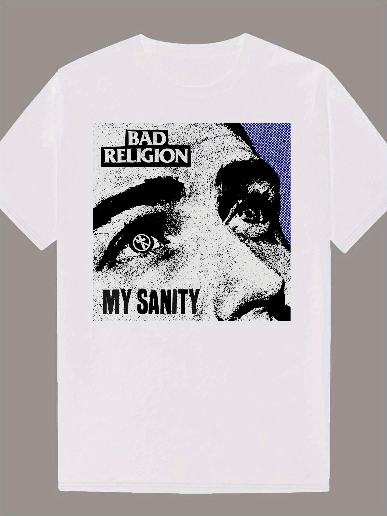 Casual Crew Neck T-shirt with Bad Religion & My Sanity Graphic Design - Black & White Print M
Casual Crew Neck T-shirt with Bad Religion & My Sanity Graphic Design - Black & White Print M