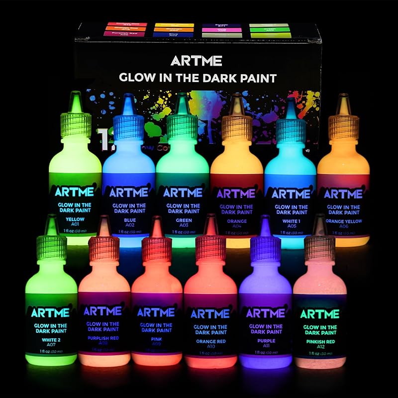 ARTME paint that glows in the dark 12 color set bright colors 30ml/1oz long-lasting fluorescent paint Perfect for art painting, DIY projects, Easter,
ARTME paint that glows in the dark 12 color set bright colors 30ml/1oz long-lasting fluorescent paint Perfect for art painting, DIY projects, Easter,