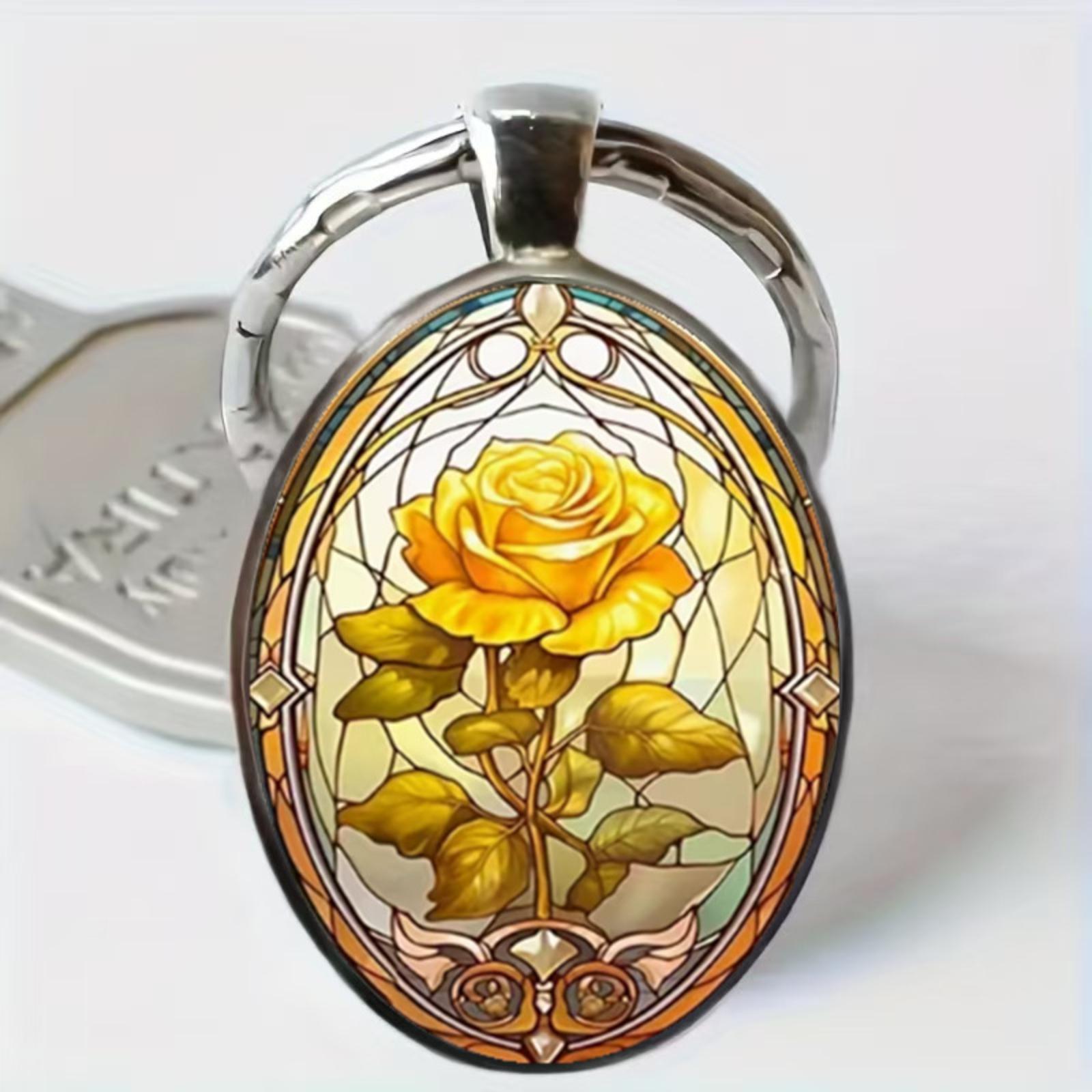 Oval Glass Pendant Keychain with Alloy Frame Featuring Intricate Floral Design Stained Glass Style Artwork for Everyday Use and Gift Giving One Size
Oval Glass Pendant Keychain with Alloy Frame Featuring Intricate Floral Design Stained Glass Style Artwork for Everyday Use and Gift Giving One Size