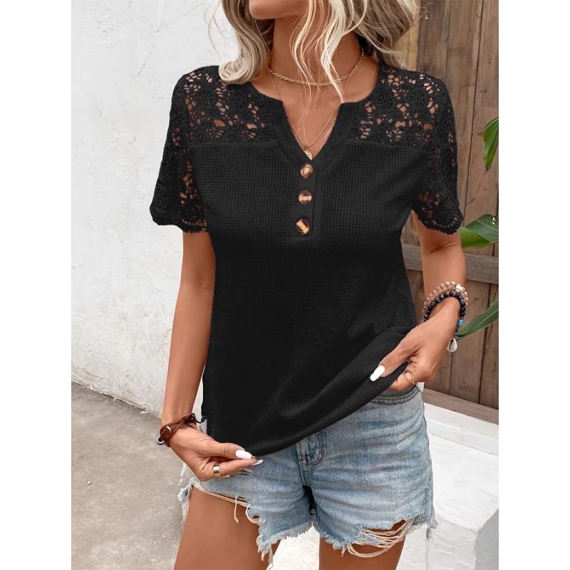 Women Lace Patchwork Blouse Short Sleeve V Neck Button Casual Elegant Daily Summer Basic Top S чорний
Women Lace Patchwork Blouse Short Sleeve V Neck Button Casual Elegant Daily Summer Basic Top S чорний