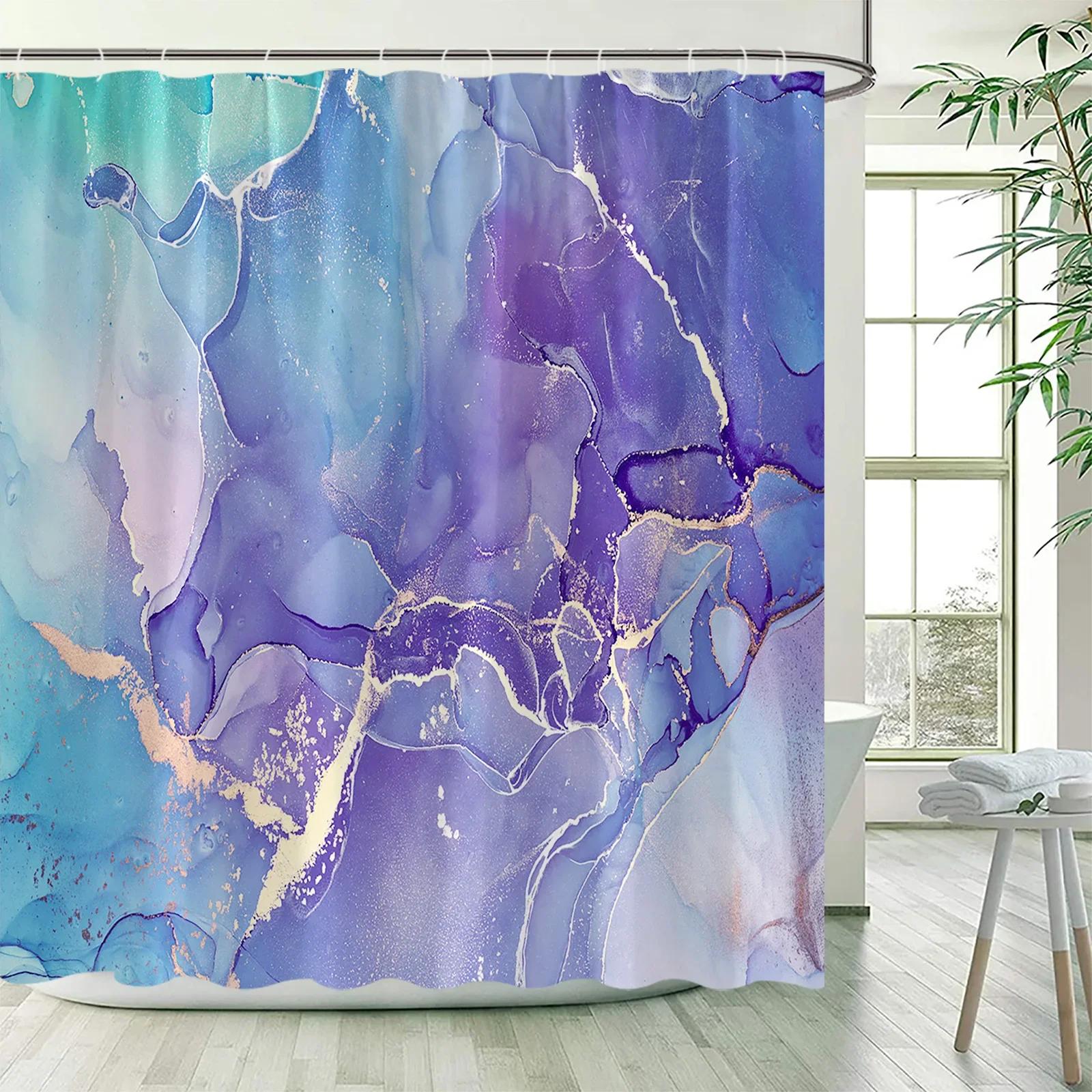 Фиолетовая Мраморная Шторка для Душа Абстрактная Лавандовая Золотая Тканевая Шторка для Ванны Современный Омбре Акварельная Живопись Чернилами домашний Декор для Ванной Комнаты Набор 90x180cm-35x70in