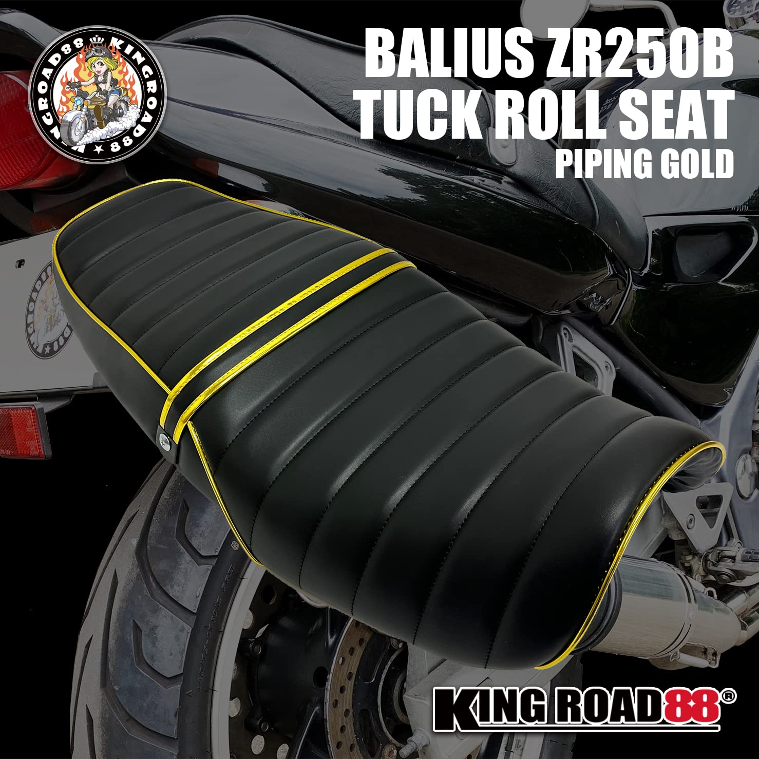King Road 88 Сиденье Tuck Roll Balius II ZR250B Сиденье из синтетической кожи с золотым кантом / / / / /
King Road 88 Сиденье Tuck Roll Balius II ZR250B Сиденье из синтетической кожи с золотым кантом / / / / /