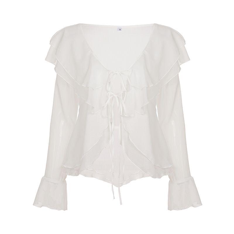 H s European and American Women s Clothing Romantic Holiday Lightweight See-through Ruffles Chiffon Blouse for Women Casual Sun-Proof Shoelace Tops White S
H s European and American Women s Clothing Romantic Holiday Lightweight See-through Ruffles Chiffon Blouse for Women Casual Sun-Proof Shoelace Tops White S