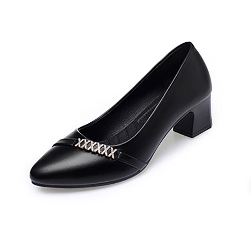 Весенняя женская мода Туфли-лодочки с мелким вырезом, мягкой подошвой и милым квадратным каблуком, однотонные черные, офисные, из мягкой кожи 39(Foot24.5cm)