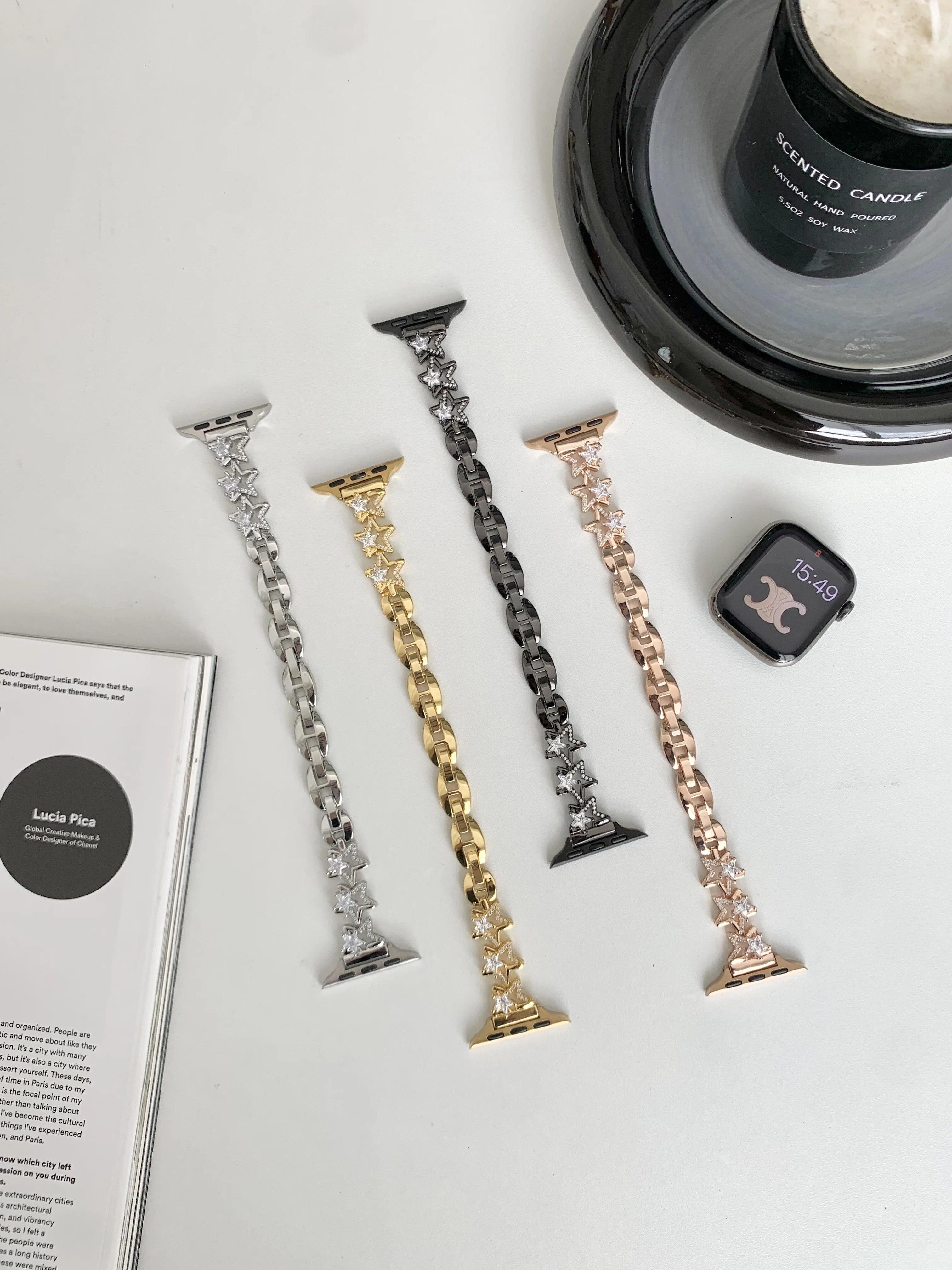 Ремешок из нержавеющей стали с бриллиантовой звездой для Apple Watch, ремешок 41 мм, 40 мм, 38 мм, женский ремешок для iwatch Series 8, 7 SE, 6, 5, 4, 3, металлический браслет
Ремешок из нержавеющей стали с бриллиантовой звездой для Apple Watch, ремешок 41 мм, 40 мм, 38 мм, женский ремешок для iwatch Series 8, 7 SE, 6, 5, 4, 3, металлический браслет