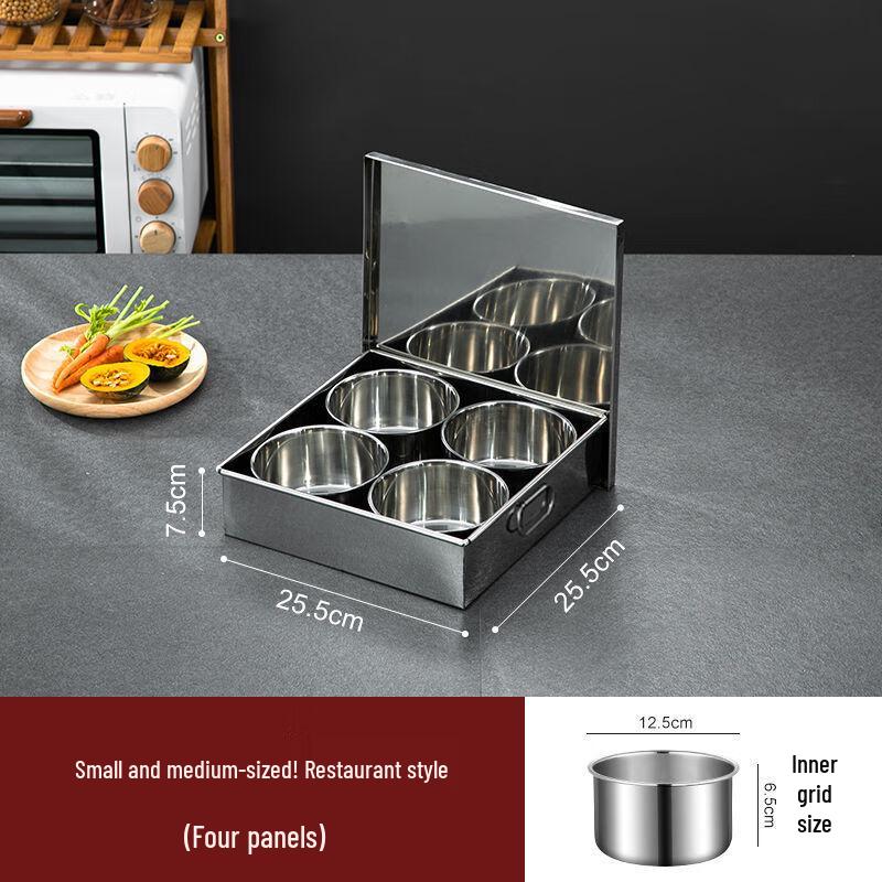 Draien Stainless Steel 4-Compartment Condiment Box with Handle
Draien Stainless Steel 4-Compartment Condiment Box with Handle