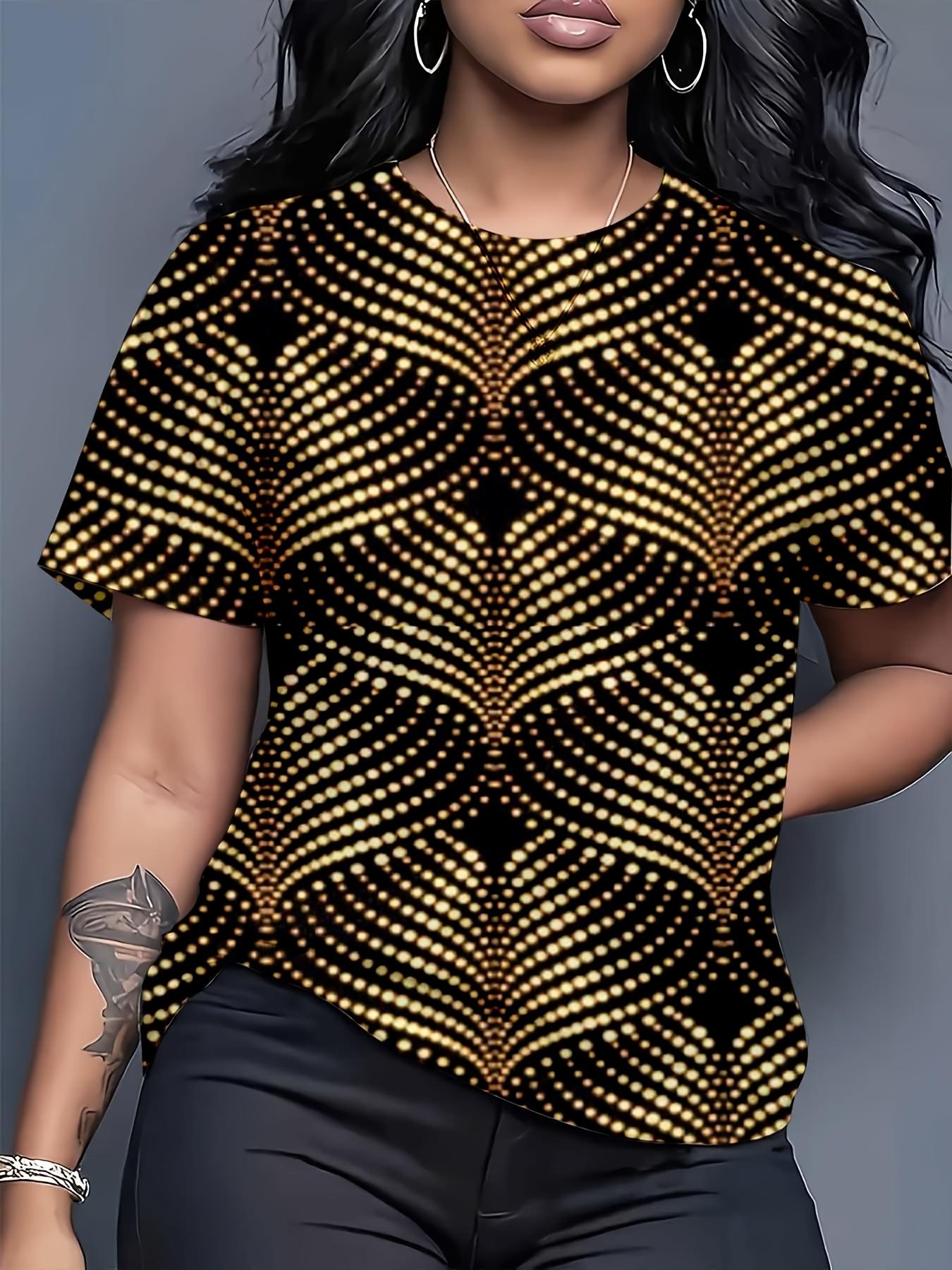 Short-Sleeve Round-Neck T-Shirt for Women Featuring a Black And Golden Geometric Polka Dot Design. Perfect for Casual Outings And Stylish Events S дубильна кора
Short-Sleeve Round-Neck T-Shirt for Women Featuring a Black And Golden Geometric Polka Dot Design. Perfect for Casual Outings And Stylish Events S дубильна кора