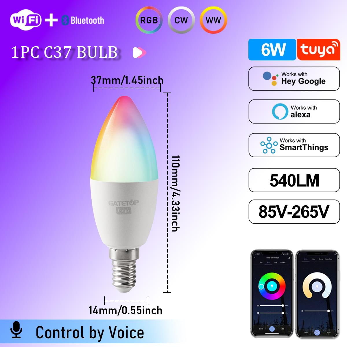 1-10PCS Tuya WiFi Bluetooth C37 E14 Smart Bulb RGBCW 85-265V 6W LED Lamp Light Bulbs App Voice Control Support Alexa Google Home 6w
1-10PCS Tuya WiFi Bluetooth C37 E14 Smart Bulb RGBCW 85-265V 6W LED Lamp Light Bulbs App Voice Control Support Alexa Google Home 6w