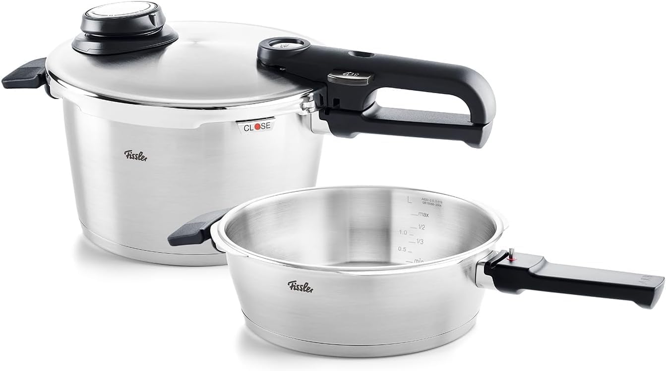 Fissler Pressure Cooker Set Vitavit Premium with Skillet Gas Compatible 3 Level Pressure Settings Made in Germany Japanese Silver 4.5L+2.5L Fire/IH срібний
Fissler Pressure Cooker Set Vitavit Premium with Skillet Gas Compatible 3 Level Pressure Settings Made in Germany Japanese Silver 4.5L+2.5L Fire/IH срібний
