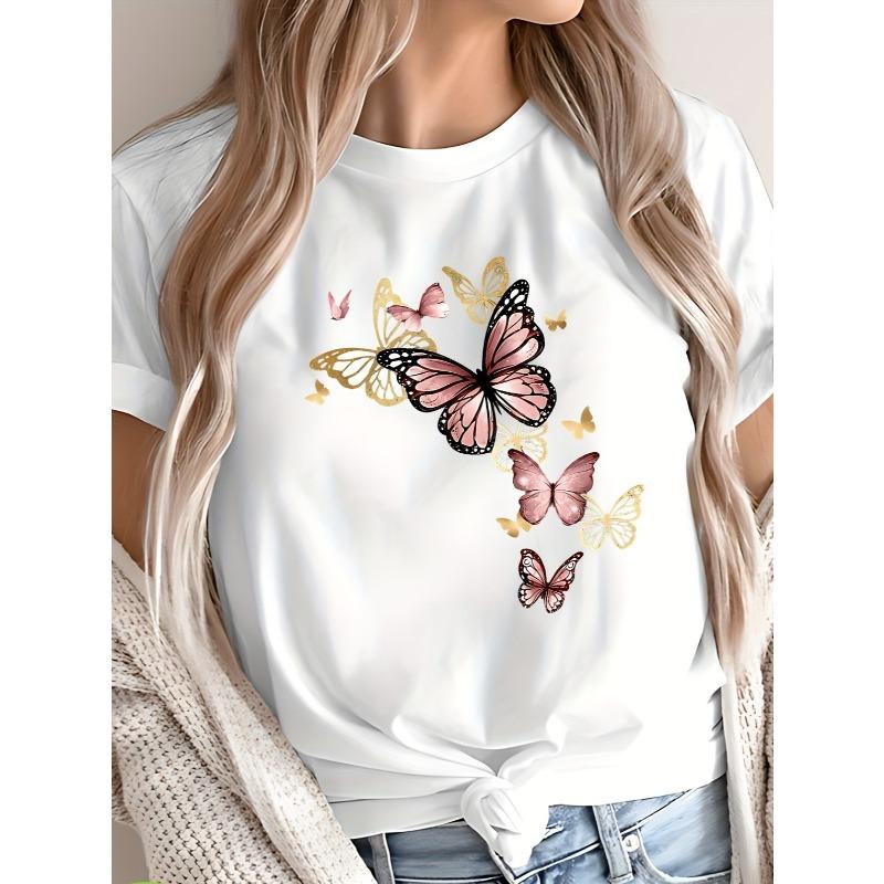 European sizes Women s Casual Short Sleeve T-Shirt - Elegant Butterfly Print with Golden Glitter Accents, Pink & Black Graphic Design S белый
European sizes Women s Casual Short Sleeve T-Shirt - Elegant Butterfly Print with Golden Glitter Accents, Pink & Black Graphic Design S белый