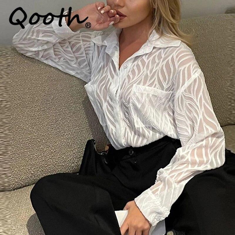 Женская шифоновая белая блузка Qooth, элегантная блузка с отложным воротником и длинными рукавами QT2295
Женская шифоновая белая блузка Qooth, элегантная блузка с отложным воротником и длинными рукавами QT2295