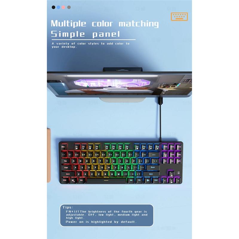 A96I-87 Key Mechanical Keyboard Green Axis Gaming Keyboard Wired Color Backlit Keyboard For PC Laptop Office Game
A96I-87 Key Mechanical Keyboard Green Axis Gaming Keyboard Wired Color Backlit Keyboard For PC Laptop Office Game