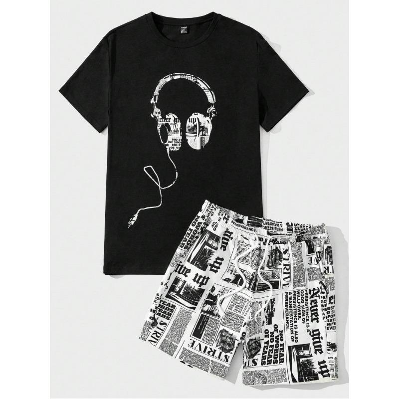 Мужской комплект с круглым вырезом и коротким рукавом, футболка с принтом наушников и шорты с газетным принтом, модный повседневный комплект из двух предметов для активного отдыха 2XL
Мужской комплект с круглым вырезом и коротким рукавом, футболка с принтом наушников и шорты с газетным принтом, модный повседневный комплект из двух предметов для активного отдыха 2XL