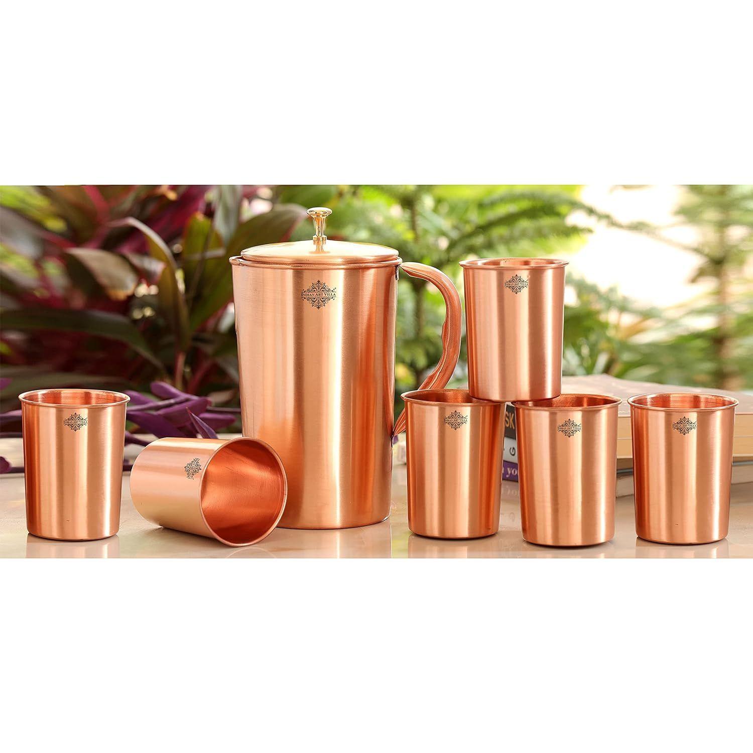 Pure Copper Drinkware Gift Set of 1 Jug & 6 Glass with Gift Box & Plain Matt Finish Design, Gifting Item for Diwali Jug-1.5 Litre & Glass-300 ML
Pure Copper Drinkware Gift Set of 1 Jug & 6 Glass with Gift Box & Plain Matt Finish Design, Gifting Item for Diwali Jug-1.5 Litre & Glass-300 ML