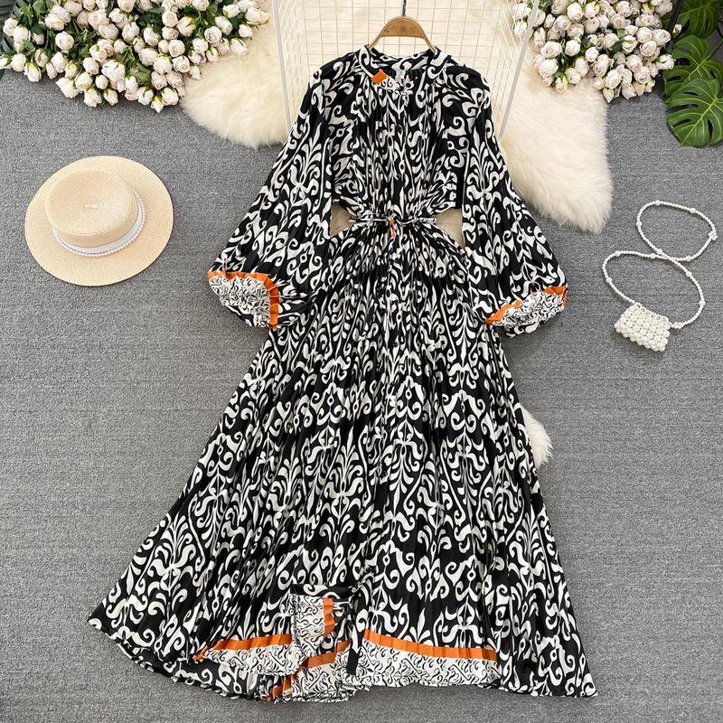 Accessible Luxury Lantern Long Sleeve round Neck Elegant Print Dress Black with yellow edge All yards
Accessible Luxury Lantern Long Sleeve round Neck Elegant Print Dress Black with yellow edge All yards