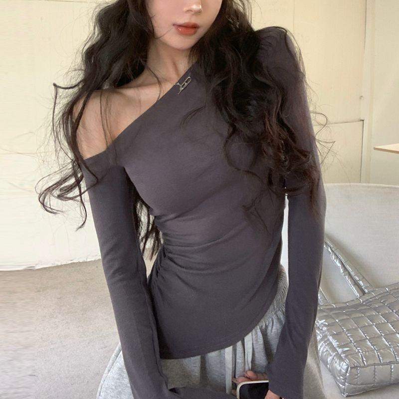 Чистое Желание Сексуальный Сексуальный Стиль Необычная Футболка с Длинным Рукавом Женская 2024 Осень Черный Приталенный Косое Плечо Стройнящие Топы Инс Grey S