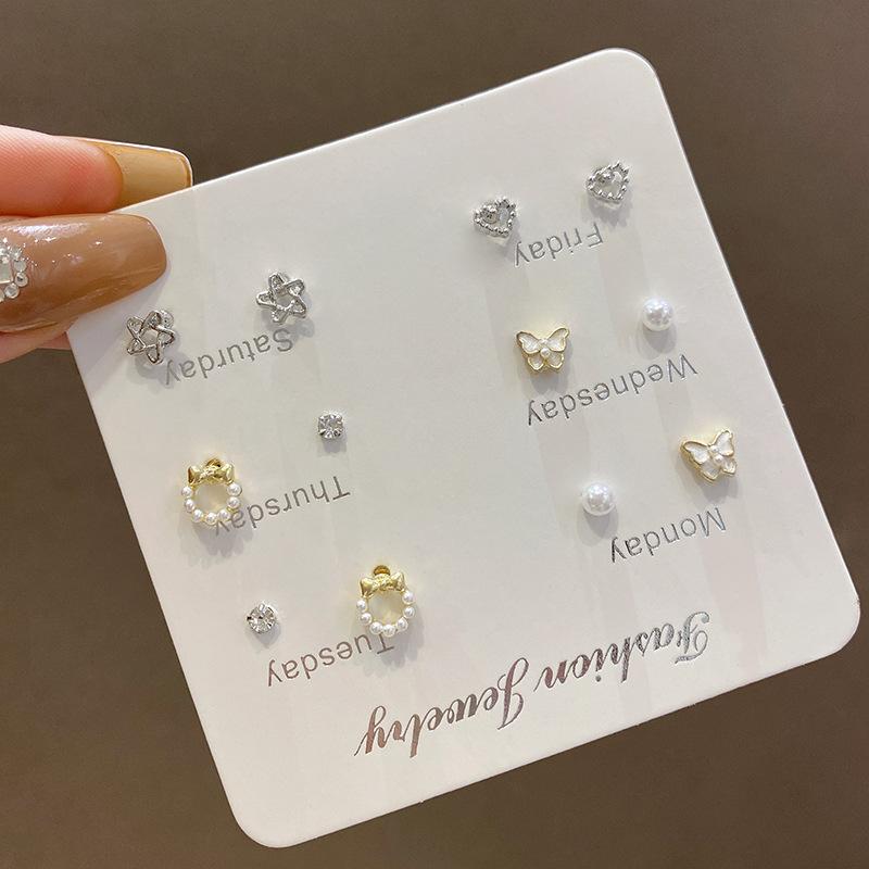 Six pairs of silver needles, pearl set, stud earrings for women s ins style, small temperament, ear earrings, one-week temperament earrings.
Six pairs of silver needles, pearl set, stud earrings for women s ins style, small temperament, ear earrings, one-week temperament earrings.