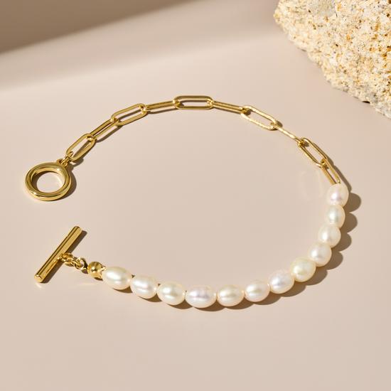 Элегантный браслет-цепочка из французского пресноводного жемчуга и золотых звеньев-скрепок с застежкой OT для женщин
Элегантный браслет-цепочка из французского пресноводного жемчуга и золотых звеньев-скрепок с застежкой OT для женщин