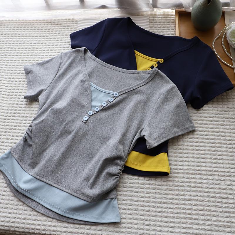 2025 Korean Style V-Neck Color Block Waist-Slimming Two-Piece Look Short-Sleeve T-Shirt One Size темно-синий
2025 Korean Style V-Neck Color Block Waist-Slimming Two-Piece Look Short-Sleeve T-Shirt One Size темно-синий