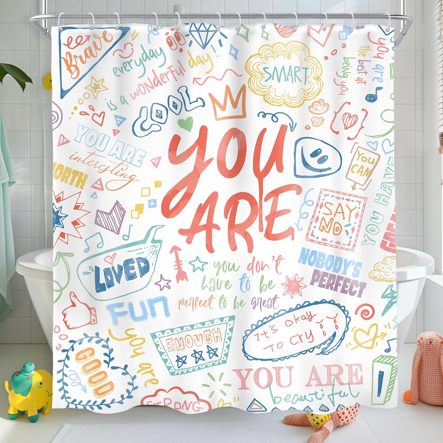 Inspirational Quotes Shower Curtain – Colorful Graffiti Art, Fun Motivational Bathroom Decor W60H190(CM)-1 Pcs
Inspirational Quotes Shower Curtain – Colorful Graffiti Art, Fun Motivational Bathroom Decor W60H190(CM)-1 Pcs