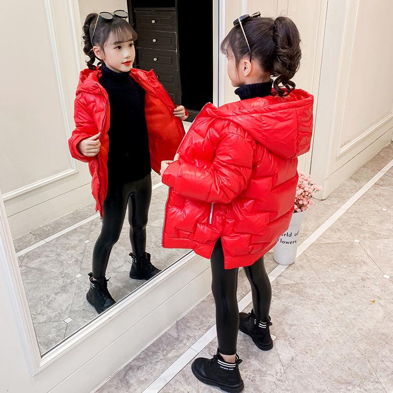 Зимняя куртка для девочек, глянцевая, водонепроницаемая, сохраняющая тепло, пальто для маленьких принцесс, верхняя одежда с капюшоном на молнии, детская одежда 140 красный