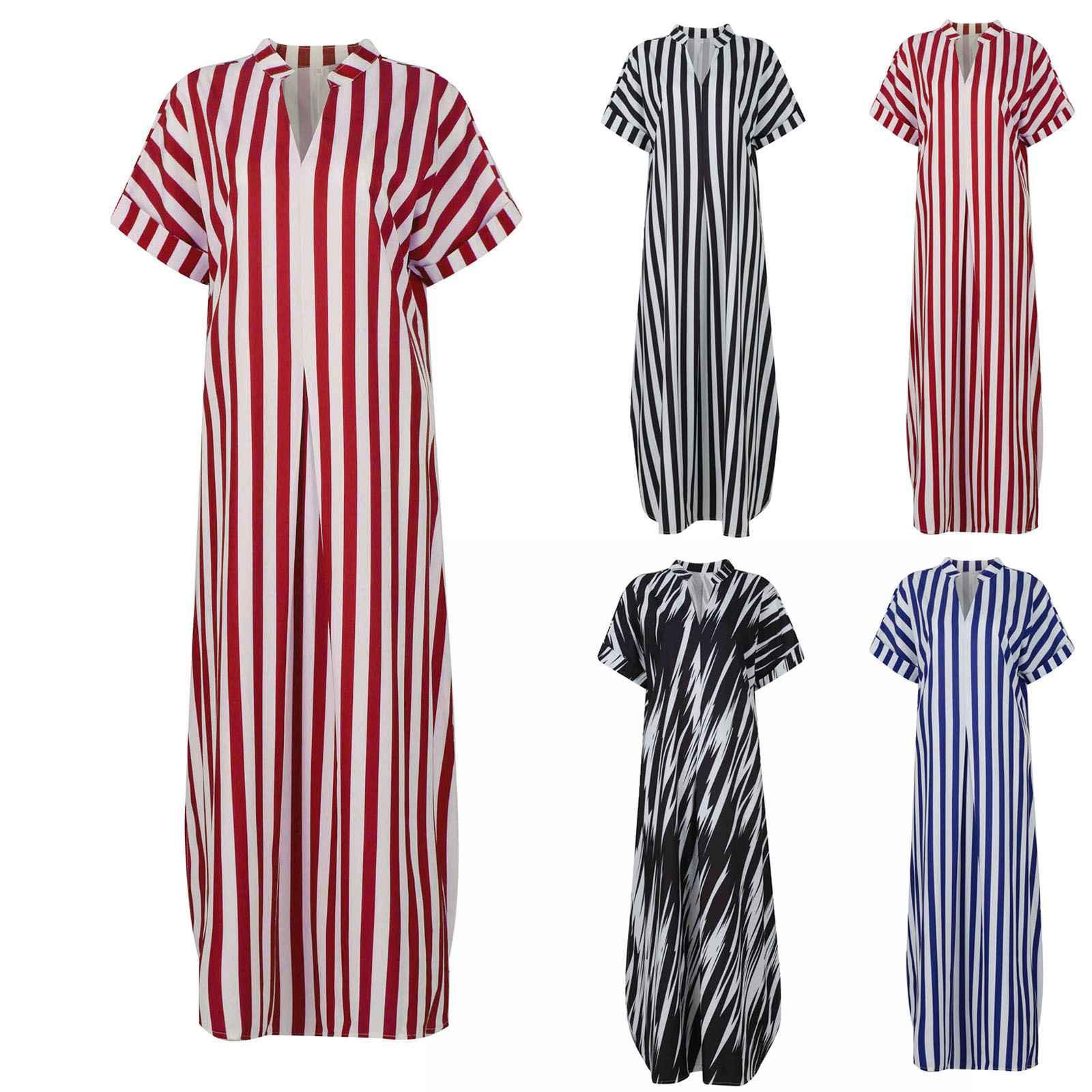 Женское летнее модное повседневное платье в полоску с принтом и V-образным вырезом, с коротким рукавом и разрезом по боковому шву, длинное праздничное повседневное платье с большими качелями 
Женское летнее модное повседневное платье в полоску с принтом и V-образным вырезом, с коротким рукавом и разрезом по боковому шву, длинное праздничное повседневное платье с большими качелями