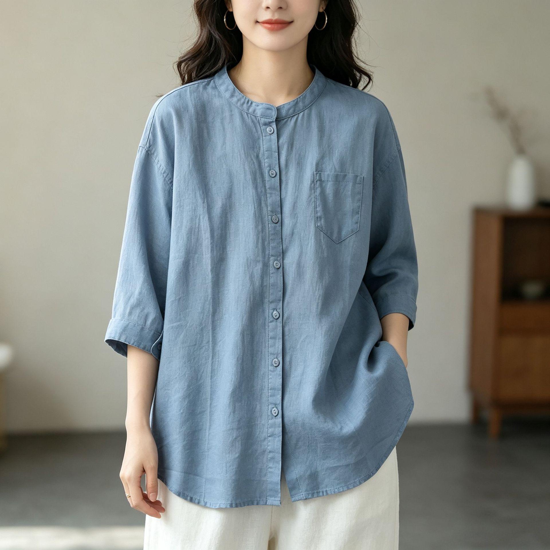 Summer Cotton Linen Solid Color Shirt Stand-up Collar Seven-minute Sleeve Loose Women s Blouse Oversized Vintage Blouse 4XL синій
Summer Cotton Linen Solid Color Shirt Stand-up Collar Seven-minute Sleeve Loose Women s Blouse Oversized Vintage Blouse 4XL синій