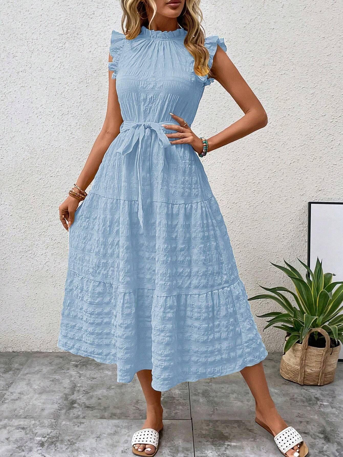 Women s summer new fashion fungus edge flying sleeves lace-up textured dress XXL світло-синій колір
Women s summer new fashion fungus edge flying sleeves lace-up textured dress XXL світло-синій колір