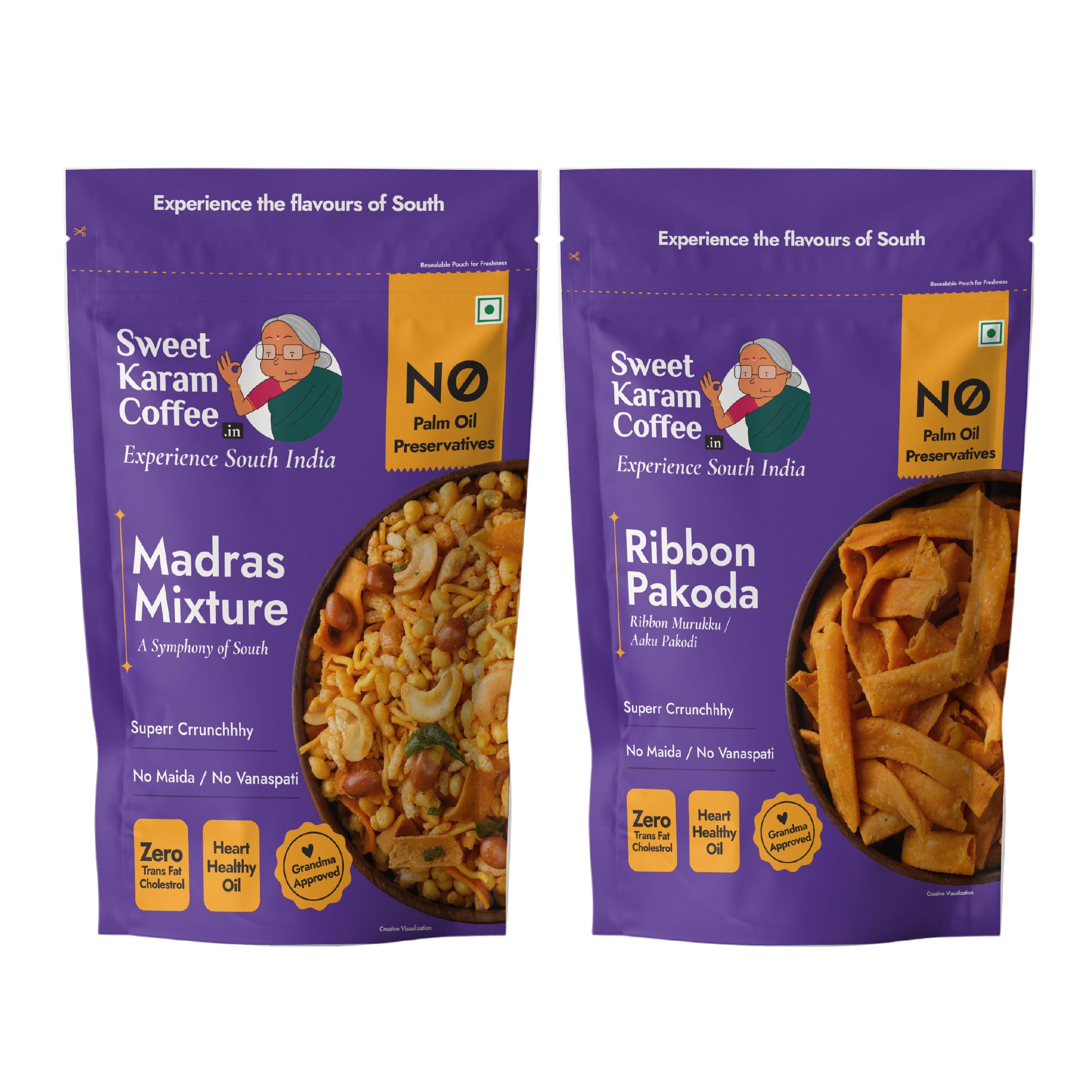 Sweet Karam Coffee’s South Indian Crunchy Combo Pack - Ribbon Pakoda & Special Madras Mixture | No Maida & No Vanaspati, Zero Trans Fat, Heart-he
Sweet Karam Coffee’s South Indian Crunchy Combo Pack - Ribbon Pakoda & Special Madras Mixture | No Maida & No Vanaspati, Zero Trans Fat, Heart-he