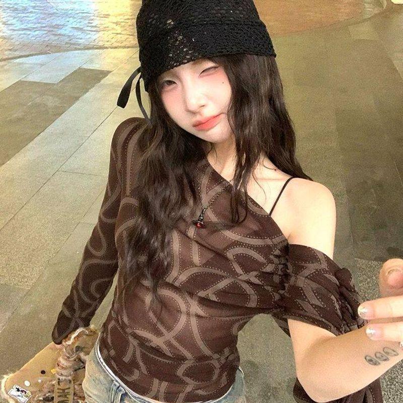 Irregular Ribbon Asymmetrical Shoulder Long-Sleeve T-Shirt for Women, Spring/Summer Design, Mesh Slim-Fit Waist-Cinching Hot Girl Base Shirt Top Brown M
Irregular Ribbon Asymmetrical Shoulder Long-Sleeve T-Shirt for Women, Spring/Summer Design, Mesh Slim-Fit Waist-Cinching Hot Girl Base Shirt Top Brown M