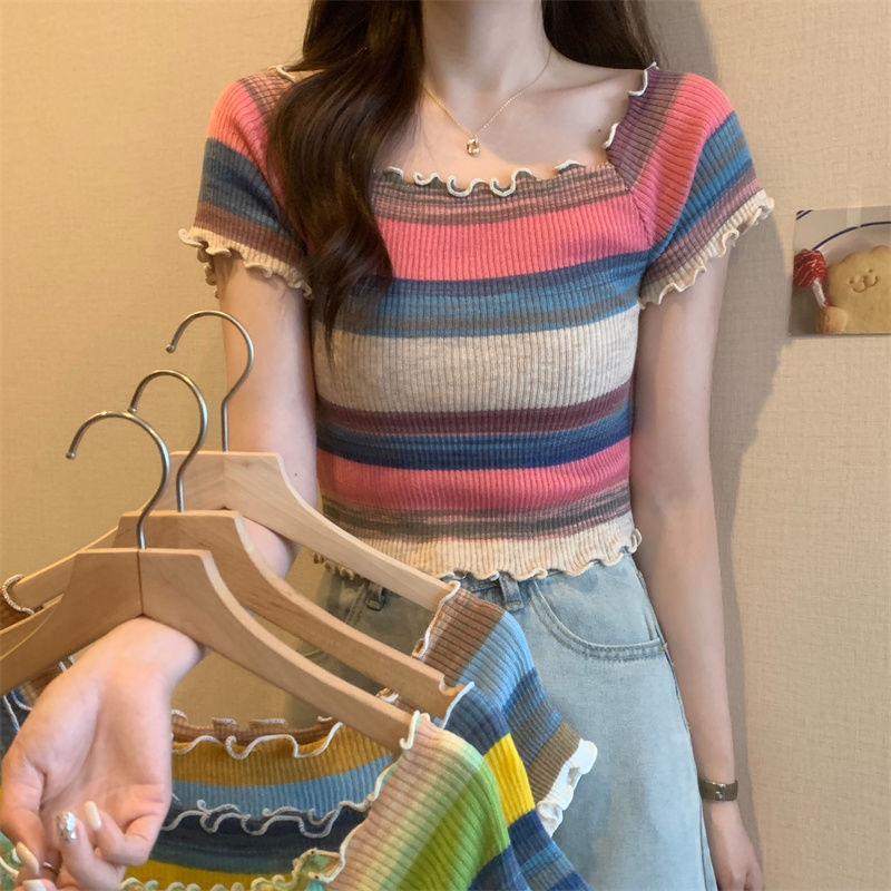Rainbow Striped Square Neck Front Shoulder Knitted Short Sleeved T-shirt Summer Thin Cut with A Waistband Short Cut Chic and Beautiful Top L
Rainbow Striped Square Neck Front Shoulder Knitted Short Sleeved T-shirt Summer Thin Cut with A Waistband Short Cut Chic and Beautiful Top L
